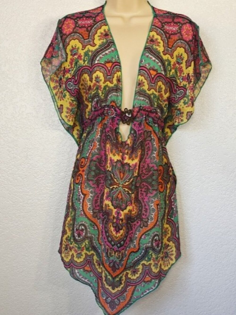 BECCA Size XS Swim Cover Up Boho Tunic Dress Jewel Tone Medallion Print